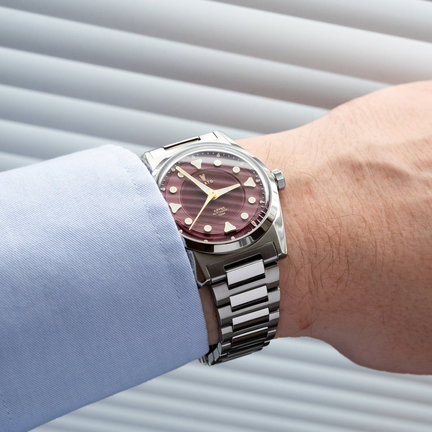 ALATO ARVET Burgundy 38mm Automatic 100M Miyota 9039 Microbrand Swedish Design Swedish Microbrand Wristshot