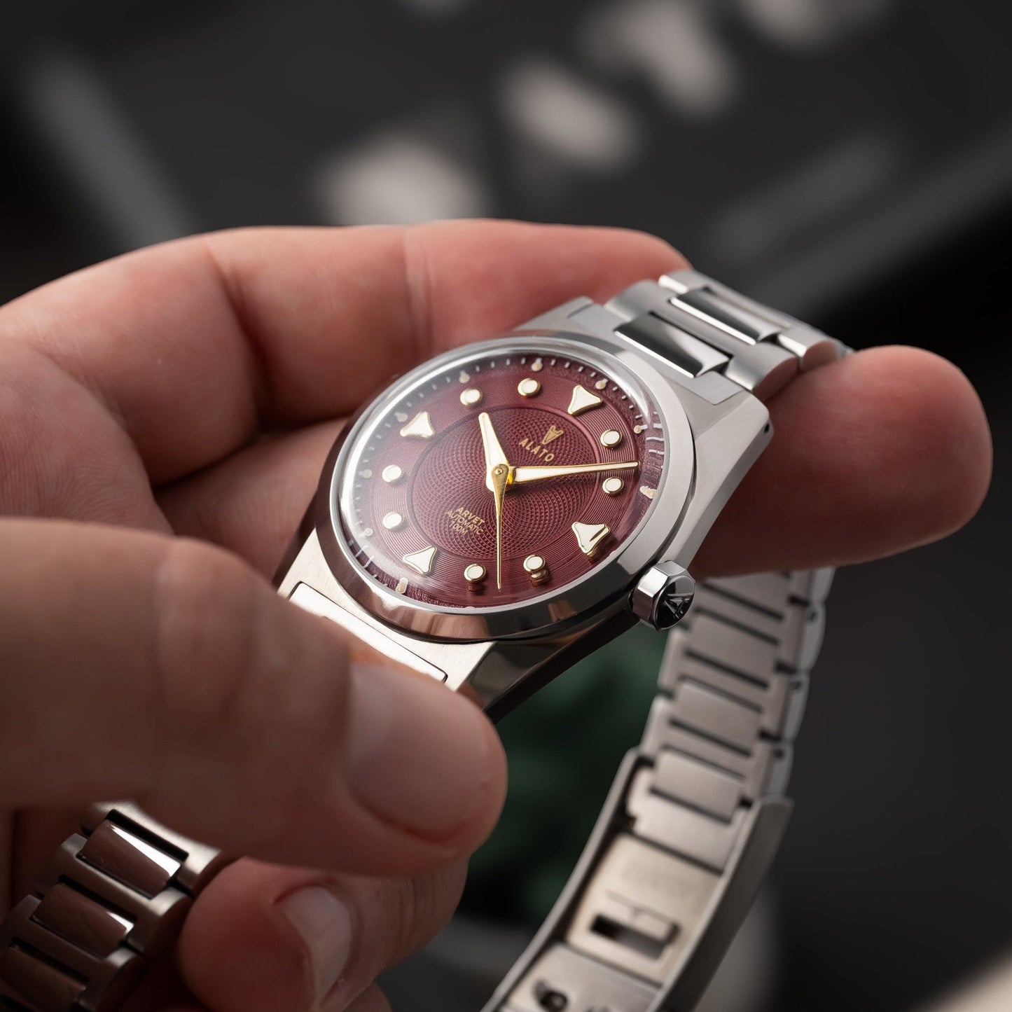 ALATO ARVET Burgundy 38mm Automatic 100M Miyota 9039 Microbrand Swedish Design Swedish Microbrand Wristshot