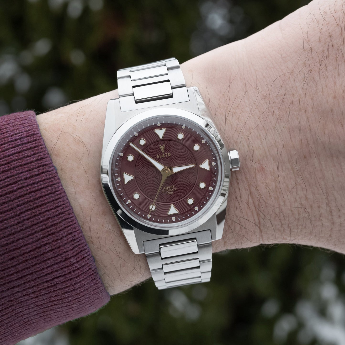 ALATO ARVET Burgundy 38mm Automatic 100M Miyota 9039 Microbrand Swedish Design Swedish Microbrand Wristshot